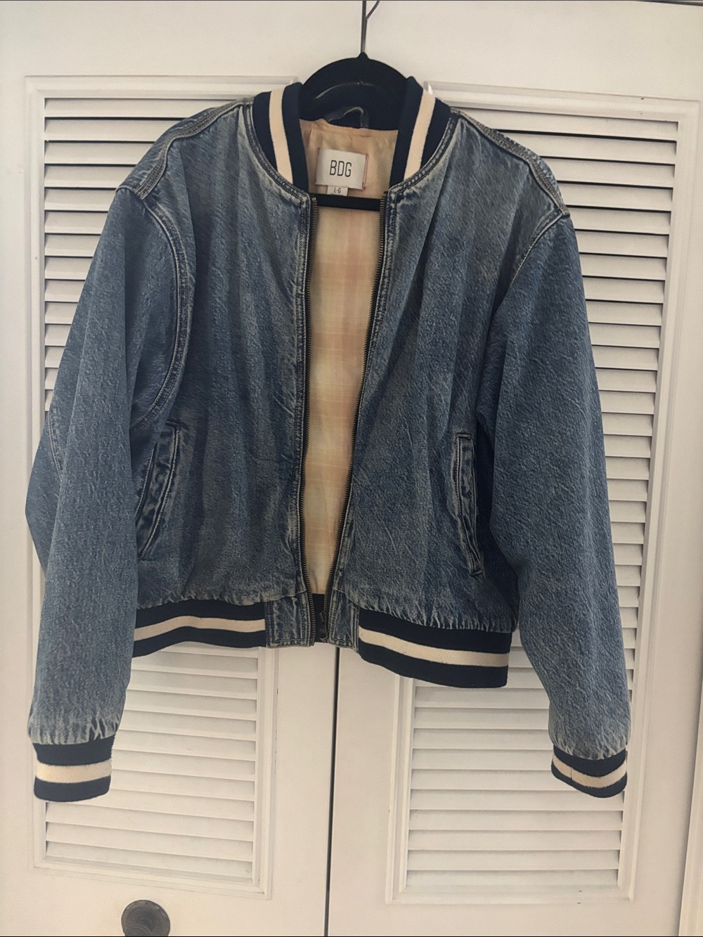 BDG Light Wash Denim Bomber with Navy & Cream Striped Trim